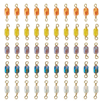 50Pcs 5 Colors Electroplate Glass Faceted Rectangle Connector Charms, with Brass Wire Loops, Real 18K Gold Plated, Rack Plating, Long-Lasting Plated, Mixed Color, 15.5x4x3mm, Hole: 1.6~1.8mm, 10pcs/color