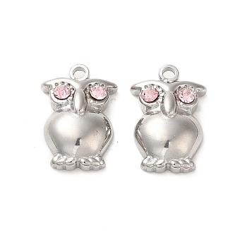 304 Stainless Steel Pendants, with Rhinestone, Owl Charms, Light Rose, 15.5x10.5x4mm, Hole: 1.6mm