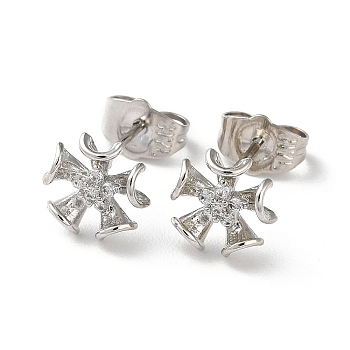 Brass Rhinestone Stud Earrings, Flower, Platinum, 10x9mm