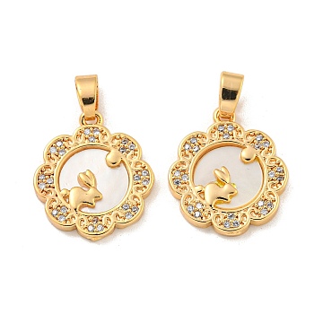 Brass Micro Pave Clear Cubic Zirconia Pendants, with Shell, Round with Rabbit, Real 18K Gold Plated, 17.5x15x2mm, Hole: 3x5mm