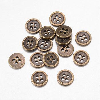Alloy Buttons, 4-Hole, Flat Round, Tibetan Style, Antique Bronze, 25x1.5mm, Hole: 1mm