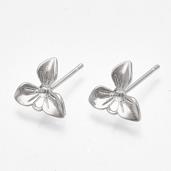 Brass Stud Earring Findings, with Loop, for Half Drilled Beads, Flower, Nickel Free, Real Platinum Plated, 9x10mm, Hole: 1.4mm, Pin: 0.8mm