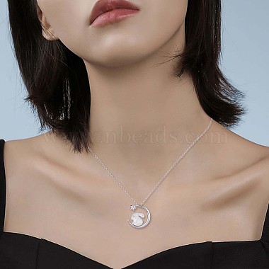 Collier pendentif lapin en coquillage naturel avec croissant de lune et zircone cubique transparente(JN1073A)-4