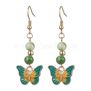 Real 18K Gold Plated Alloy Enamel Dangle Earrings, with Natural Dyed White Jade Round Beaded, Butterfly, 53x18mm(EJEW-JE05667-04)