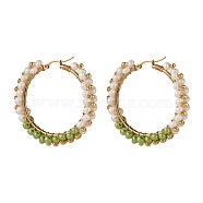 Glass Beads Braided Big Hoop Earrings, 304 Stainless Steel Wire Wrap Jewelry for Women, Golden, Green Yellow, 48x48.5x9mm, Pin: 1.1x0.6mm(EJEW-JE04848-03)