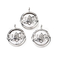 Natural Howlite Locket Pendants, Flat Round Charms, with Platinum Plated Brass Lotus Findings, 31.5x27x9mm, Hole: 4.6mm(G-G982-01P-04)
