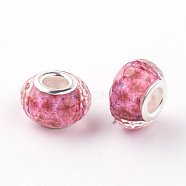 Resin European Beads, Large Hole Beads, with Silver Color Plated Brass Cores, Faceted, Rondelle, Pale Violet Red, 14x9mm, Hole: 5mm(X-RPDL-S010-19)
