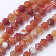 Natural Grade A Striped Agate/Banded Agate Beads Strands, Dyed & Heated, Frosted, Round, Dark Salmon, 10mm, Hole: 1.2mm, about 47pcs/strand, 14.9 inch(38cm)(G-E478-03-10mm)