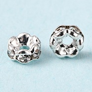 Brass Rhinestone Spacer Beads, Wavy Edge, Crystal, Nickel Free, Silver, 4x2mm, Hole: 1mm(RSB031NF-01)