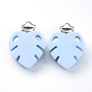 Food Grade Eco-Friendly Silicone Baby Pacifier Clips, with 304 Stainless Steel Clips, Leaf, Stainless Steel Color, Light Sky Blue, 54x38.5x21mm, Hole: 4x13mm(X-SIL-S003-03B)