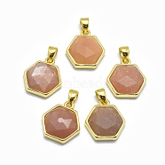 Natural Sunstone Pendants, with Golden Tone Brass Findings, Hexagon, Faceted, 13.5x14x5mm, Hole: 2.5mm(G-O176G-02G)