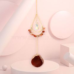Natural Carnelian Chip Wrapped Moon Hanging Ornaments, Glass Teardrop and Agate Slices Tassel Suncatchers for Home Outdoor Decoration, 430mm(PW-WG89822-03)