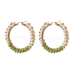 Glass Beads Braided Big Hoop Earrings, 304 Stainless Steel Wire Wrap Jewelry for Women, Golden, Green Yellow, 48x48.5x9mm, Pin: 1.1x0.6mm(EJEW-JE04848-03)