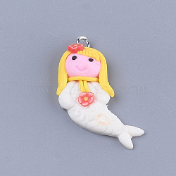 Handmade Polymer Clay Pendants, with Iron Findings, Mermaid, Platinum, White, 33~36x21~23x5~6mm, Hole: 1.5mm(X-CLAY-S093-01B)
