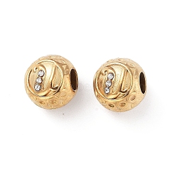 304 Stainless Steel Rhinestone European Beads, Round Large Hole Beads, Real 18K Gold Plated, Round with Letter, Letter U, 11x10mm, Hole: 4mm(STAS-A092-10U-G)