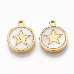 304 Stainless Steel Pentacle Charms, with Shell, Flat Round with Star, Golden, 12x10x1.5mm, Hole: 1.2mm(STAS-S079-125G)