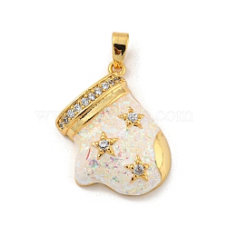 Christmas Brass Micro Pave Cubic Zirconia Pendant, with Synthetic Opal, Christmas Stocking, Snow, 20x17.5x6mm, Hole: 5x3mm(KK-H468-02A-01G)