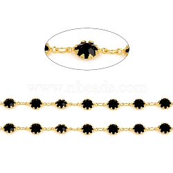 3.28 Feet Handmade Brass Link Chains, with Glass Faceted Rhinestone, Soldered, Long-Lasting Plated, Flower, Real 18K Gold Plated,Black, Flower: 12x6.5x3mm(X-CHC-F011-08A-G)
