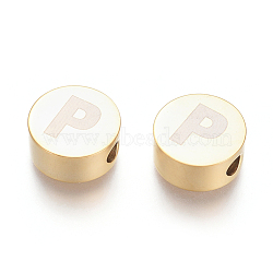 304 Stainless Steel Beads, Flat Round with Letter, Letter.P, 10x4.5mm, Hole: 2mm(X-STAS-I126-02G-P)