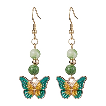 Real 18K Gold Plated Alloy Enamel Dangle Earrings, with Natural Dyed White Jade Round Beaded, Butterfly, 53x18mm