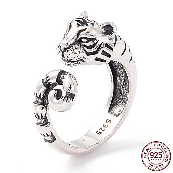 Tiger 925 Sterling Silver Cuff Ring for Women, Adjustable Open Ring Zodiac Tiger Chinese New Year Gift, Antique Silver, US Size 7 1/4(17.5mm)