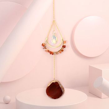 Natural Carnelian Chip Wrapped Moon Hanging Ornaments, Glass Teardrop and Agate Slices Tassel Suncatchers for Home Outdoor Decoration, 430mm