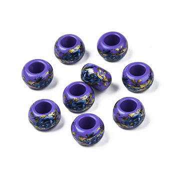 Flower Printed Opaque Acrylic Rondelle Beads, Large Hole Beads, Slate Blue, 15x9mm, Hole: 7mm