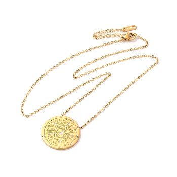 304 Stainless Steel Flat Round Pandant Necklace for Women, Golden, Sun, 20.94 inch(53.2cm)