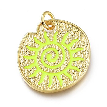 Real 18K Gold Plated Brass Enamel Pendants, Long-Lasting Plated, with Jump Rings, Lead Free & Cadmium Free, Flat Round with Sun, Yellow, 23x22.5x2.5mm, Jump Ring: 6x1mm, Inner Diameter: 4mm