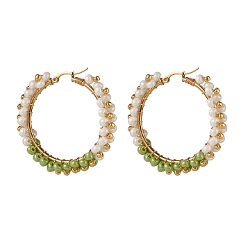 Glass Beads Braided Big Hoop Earrings, 304 Stainless Steel Wire Wrap Jewelry for Women, Golden, Green Yellow, 48x48.5x9mm, Pin: 1.1x0.6mm