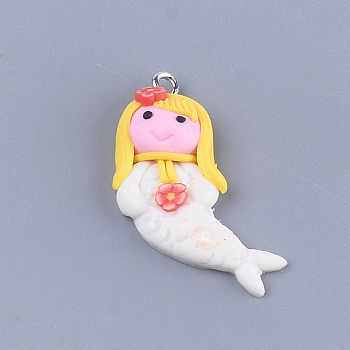 Handmade Polymer Clay Pendants, with Iron Findings, Mermaid, Platinum, White, 33~36x21~23x5~6mm, Hole: 1.5mm