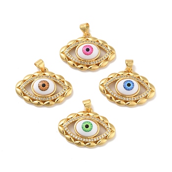 Brass Micro Pave Cubic Zirconia Pendants, with Acrylic, Cadmium Free & Lead Free, Long-Lasting Plated, Evil Eye, Real 18K Gold Plated, Mixed Color, 19.5x26x7mm, Hole: 4x3.5mm