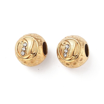 304 Stainless Steel Rhinestone European Beads, Round Large Hole Beads, Real 18K Gold Plated, Round with Letter, Letter U, 11x10mm, Hole: 4mm