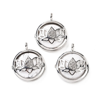 Natural Howlite Locket Pendants, Flat Round Charms, with Platinum Plated Brass Lotus Findings, 31.5x27x9mm, Hole: 4.6mm