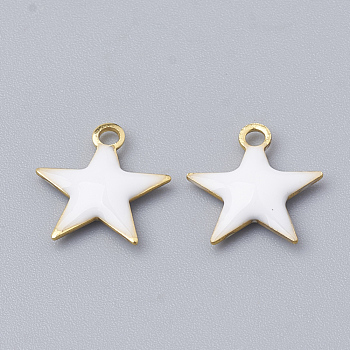 Brass Charms, Enamelled Sequins, Raw(Unplated), Star, White, 10.5x10x1.5mm, Hole: 1mm