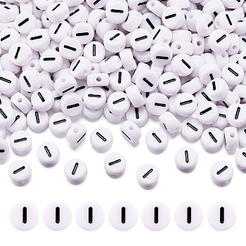500Pcs Acrylic Horizontal Hole Letter Beads, Flat Round, Letter.I, 7x4mm, Hole: 1mm, 500pcs