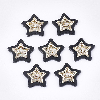 Opaque Acrylic Pendants, with Alloy Findings, Star with Word Love, Light Gold, Black, 29x30x4mm, Hole: 2mm