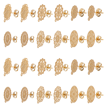24Pcs 6 Style 304 Stainless Steel Stud Earrings Finding, Hollow Flat Round, with Horizontal Loops, Golden, 13~17x10.5~15mm, Hole: 1.2mm, Pin: 0.85mm, 4Pcs/style