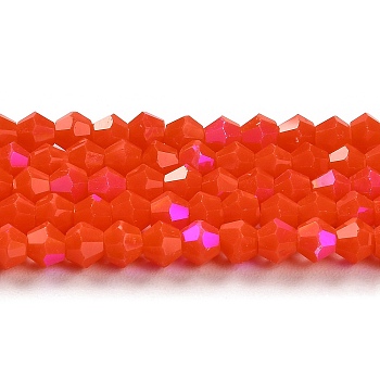 Opaque Solid Color Imitation Jade Glass Beads Strands, AB Color Plated, Faceted, Bicone, Orange Red, 4x4mm, Hole: 0.8mm, about 87~98pcs/strand, 12.76~14.61 inch(32.4~37.1cm)