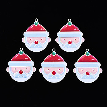 Spray Painted Brass Pendants, with Printed, Christmas Santa Claus, FireBrick, 35.5x29.5x0.4mm, Hole: 1.8mm