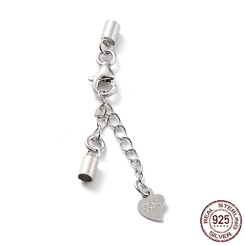 Rhodium Plated 925 Sterling Silver Curb Chain Extender, End Chains with Lobster Claw Clasps and Cord Ends, Heart Chain Tabs, with S925 Stamp, Platinum, 23.5mm