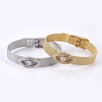 Unisex 304 Stainless Steel Watch Band Wristband Bracelets, with Brass Micro Pave Cubic Zirconia Slider Charms, Evil Eye, Mixed Color, 8-5/8 inch(21.8cm), 10mm