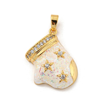 Christmas Brass Micro Pave Cubic Zirconia Pendant, with Synthetic Opal, Christmas Stocking, Snow, 20x17.5x6mm, Hole: 5x3mm