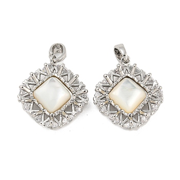 Brass Pave Shell Pendants, with Clear Cubic Zirconia, Rhombus Charm, Platinum, 19.5x18x5mm, Hole: 4.8x2.7mm
