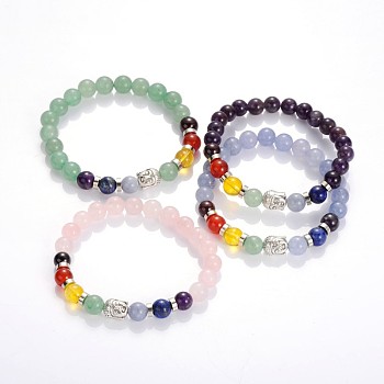 Buddha Head Natural & Synthetic Mixed Stone Beaded Stretch Bracelets, with Tibetan Style Beads, Mixed Color, 55mm