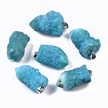Rough Raw Electroplate Natural Druzy Agate Pendants, with Platinum Tone Iron Pinch Bail, Dyed, Nuggets, Sky Blue, 32~40x21~25x18~21mm, Hole: 7x4mm