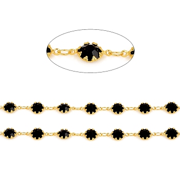 3.28 Feet Handmade Brass Link Chains, with Glass Faceted Rhinestone, Soldered, Long-Lasting Plated, Flower, Real 18K Gold Plated,Black, Flower: 12x6.5x3mm