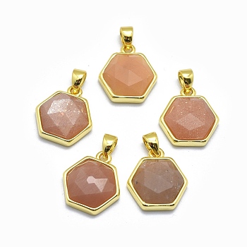 Natural Sunstone Pendants, with Golden Tone Brass Findings, Hexagon, Faceted, 13.5x14x5mm, Hole: 2.5mm
