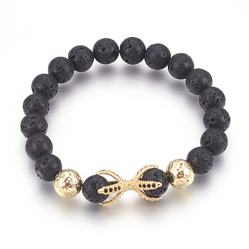 Stretch Bracelets, with Long-Lasting Plated Electroplated Natural Lava Rock, Natural Lava Rock and Brass Cubic Zirconia Beads, Claw, Golden, 2-1/4 inch(5.6cm)