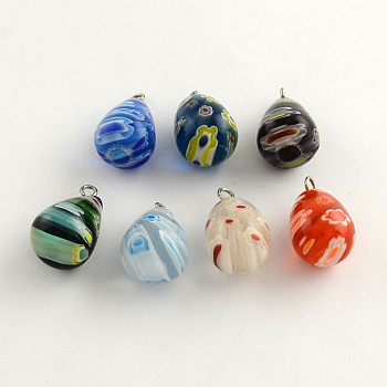 Handmade Millefiori Glass Pendants with Platinum Plated Iron Findings, teardrop, Mixed Color, 17~20x12mm, Hole: 2mm